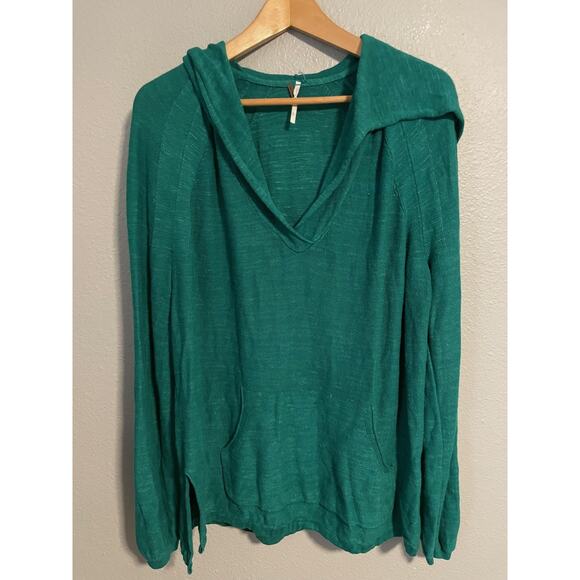 Free People Sweater Womens Large Green Hooded V Neck Linen Rayon Pullover FLAW - Picture 1 of 9